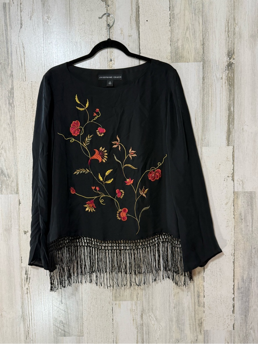 Josephine Chaus Black Blouse with Red and Gold Floral Embroidery and Fringe